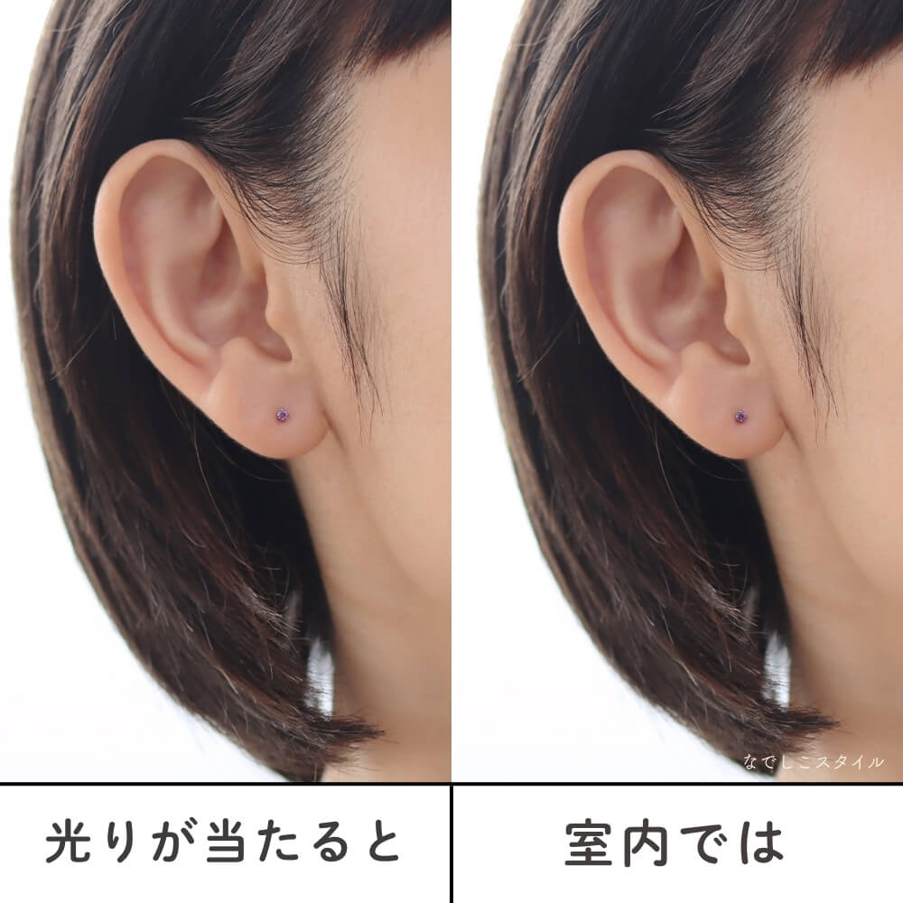 一粒キュービックジルコニア「秋桜」2mmを着けた女性の耳元