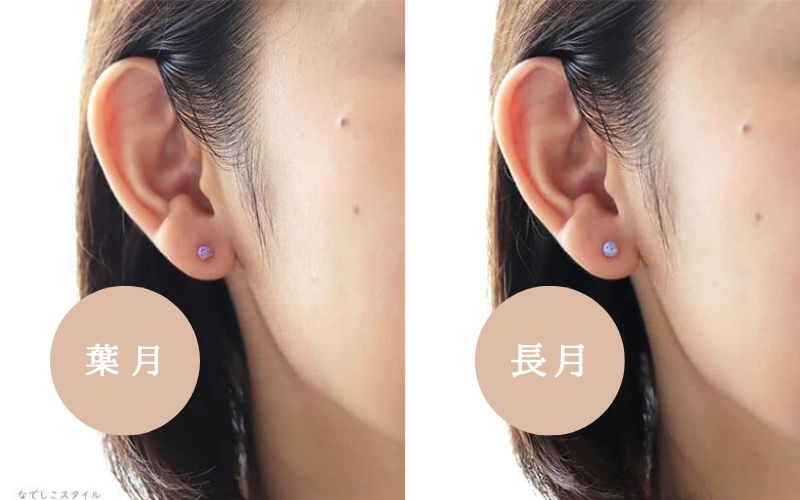 京都オパール葉月、長月を耳に着けた40代女性の横顔写真を2枚並べ他写真