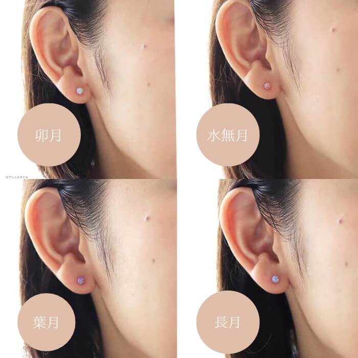 京都オパール卯月、水無月、葉月、長月を耳に着けた40代女性の横顔写真を2枚並べ他写真