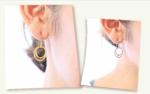 純チタンピアス、フックタイプのダブルリングを耳に着けている３０代女性の横顔