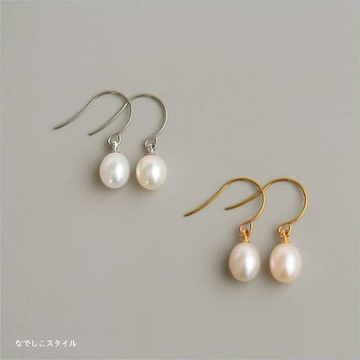 金属アレルギー対応の純チタンフック使用、「ふっくら淡水真珠のフックピアス」の正面の画像