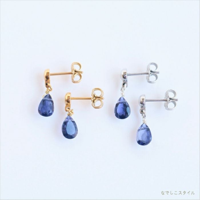 天然石を使用した揺れるピアス「sizuku/アイオライト」。